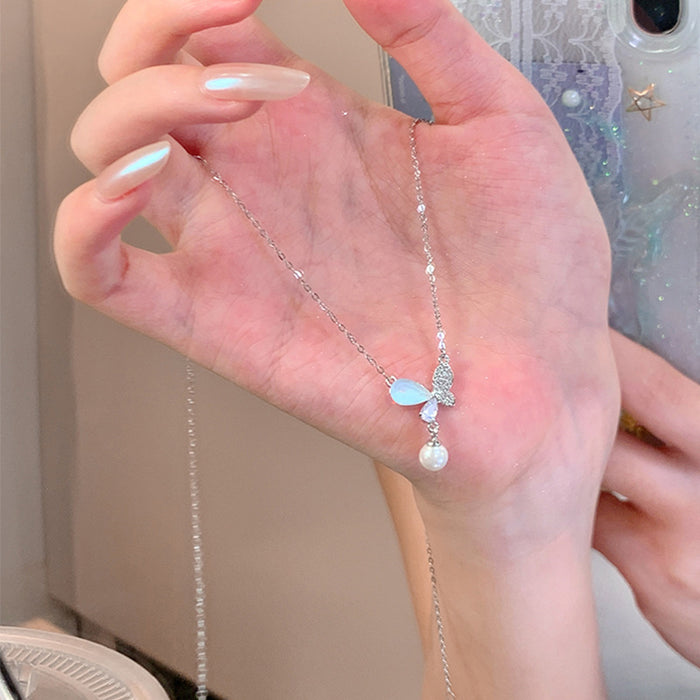 Wholesale Blue Butterfly Pearl Necklace Versatile, Unique Design, Titanium Steel Lock Chain, Luxury Neck Chain, Accessories Wholesale