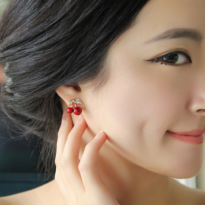 Wholesale Electroplated Cherry Rhinestone Pearl Ear Studs Sweet Design Fashion Jewelry
