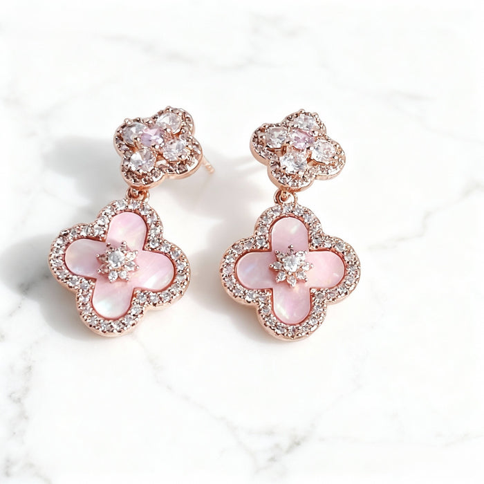 Wholesale Pink Shell Four-Leaf Earrings Silver Needles