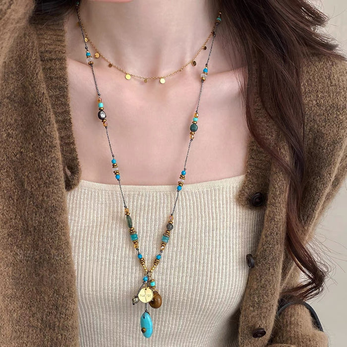Wholesale Retro Turquoise Beaded Layered Necklace Chinese Ethnic Style Collarbone Chain Chic Jewelry Accessory