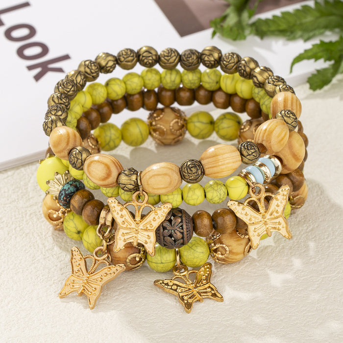 Wholesale Boho Style Multi-Layered Wood Beads Beaded Butterfly Pendant Bracelet JDC-BT-FeiYa006