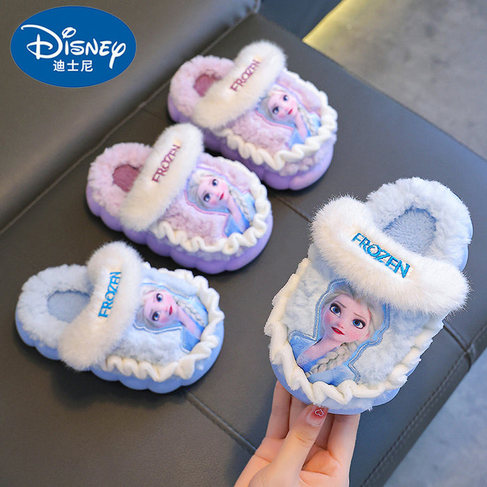 Wholesale Disney Winter Children's Cotton Slippers for Girls Princess Elsa Warm Plus Velvet Thick Bottom Home Girl Cotton Slippers JDC-SP-Langd004