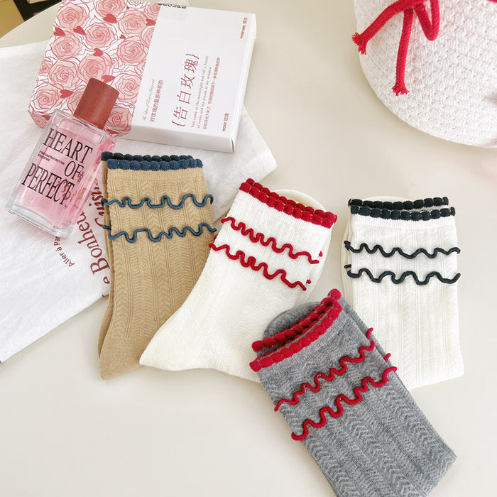 Wholesale Sock tube mesh breathable college style contrasting color lace pile sock cotton