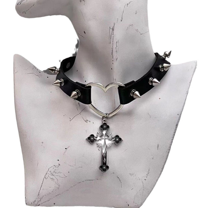 Wholesale cross punk rivet leather necklace