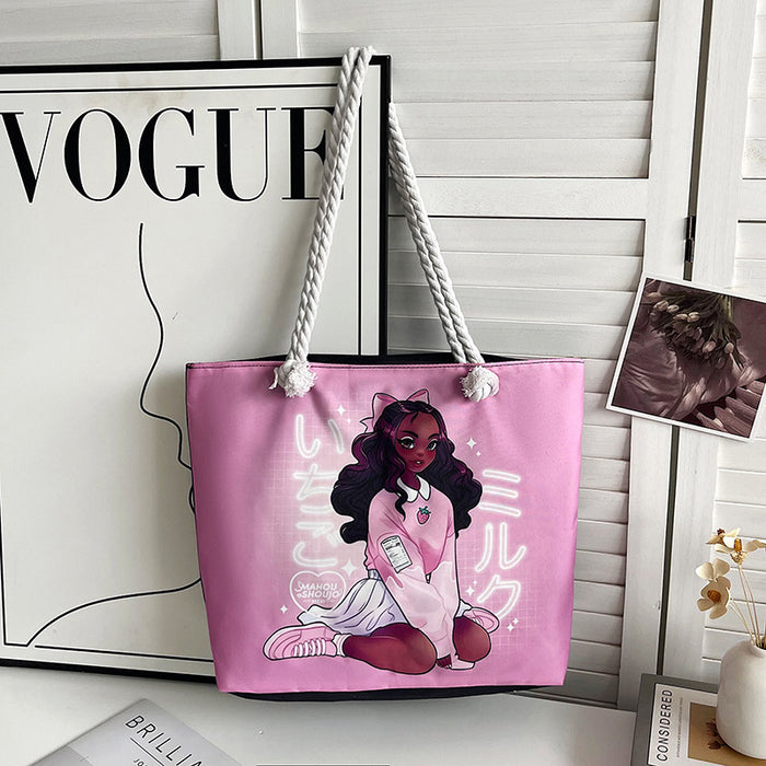Wholesale Outdoor practical versatile retro canvas bag cartoon print portable beach bag large capacity
