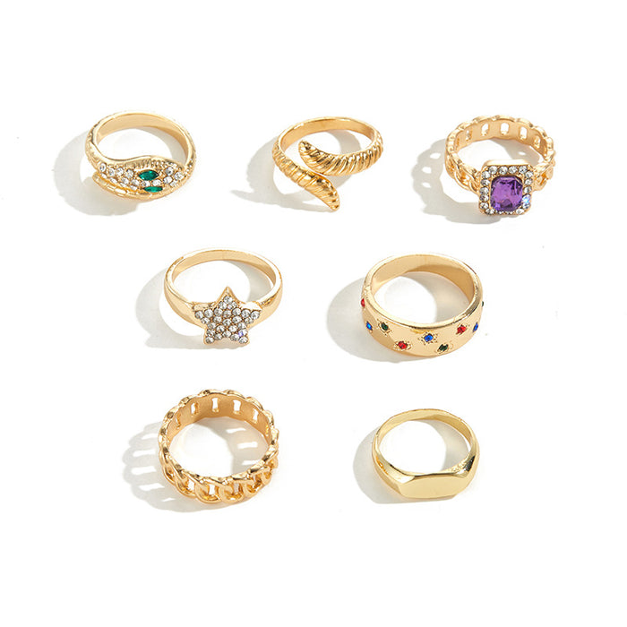 Wholesale Specially designed for personalized alloy 7-piece ring set, star niche stacking set, metal exaggerated opening ring set