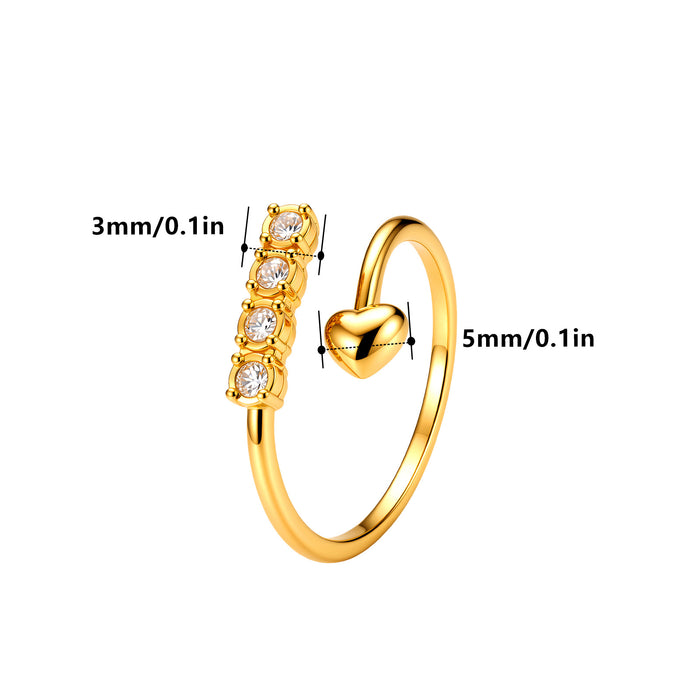 Wholesale Heart Rhinestone Open Adjustable Ring Stainless Steel Gold Plated Jewelry Accessory