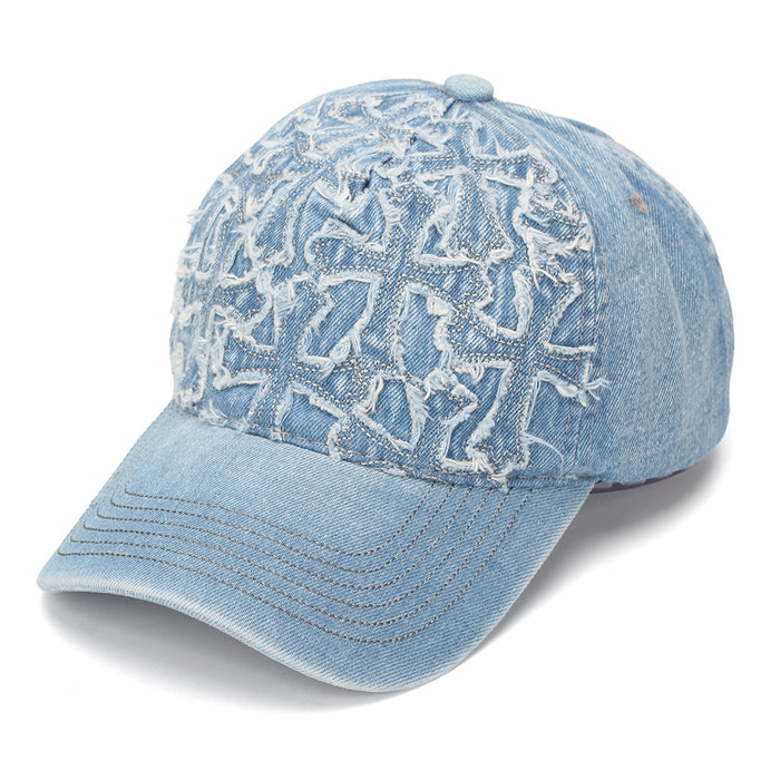 Wholesale Stylish Women' s Soft Top Washed Denim Baseball Cap with Cross Embroidery Sun Protection Hat
