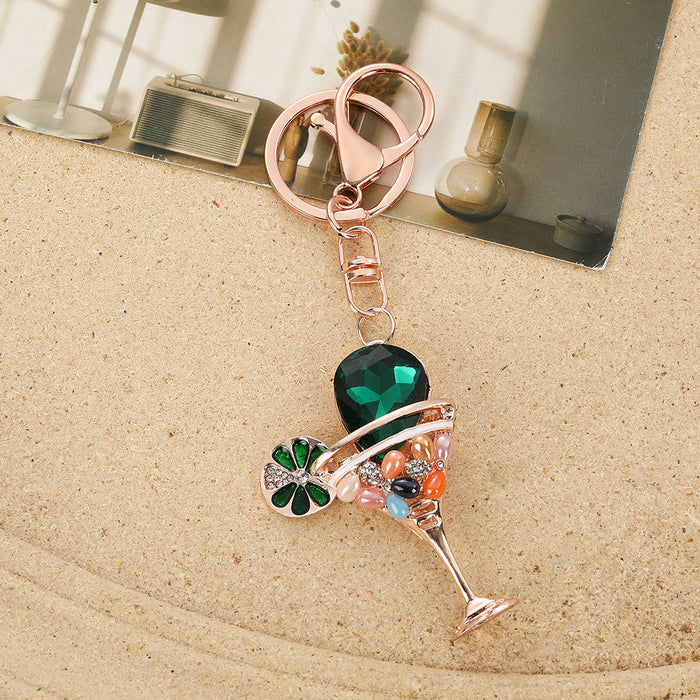 Wholesale Zinc Alloy Dark Green Rhinestone Goblet Keychain Bag Charm Car Key Accessory Gift MOQ≥2