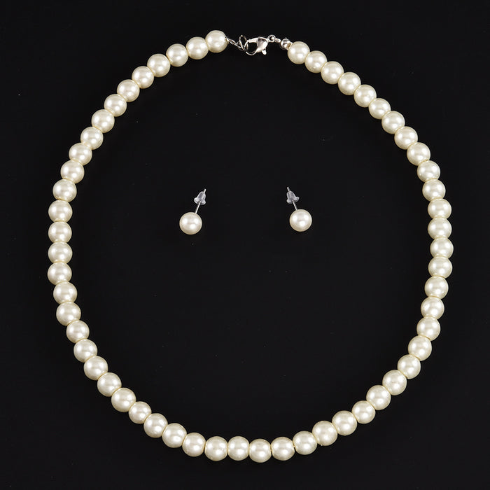 Wholesale  temperament simple pearl necklace women 8mm artificial glass pearl clavicle chain earrings suit