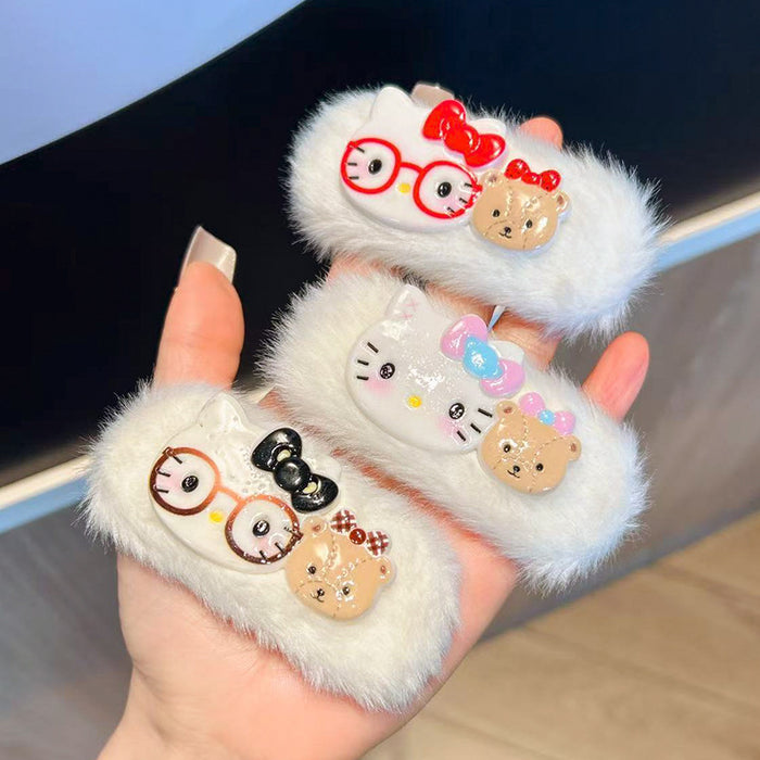 Wholesale Cute and able plush hair clip featuring a cat wearing glasses.