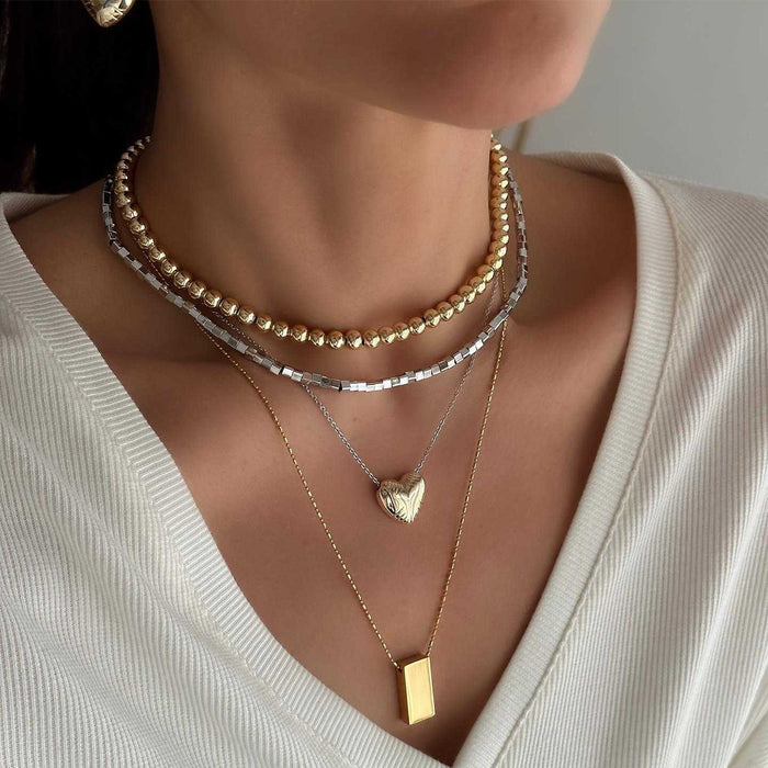Wholesale Artistic retro layered necklace with gold and silver color blocking design, layered and heart-shaped square pendant