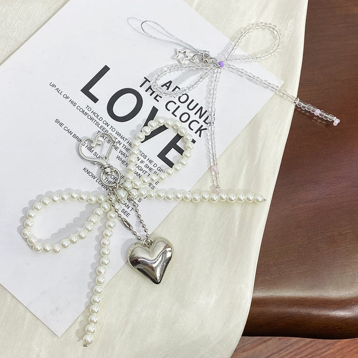 Wholesale Bow Pearl Silver Love Pendant Car Keychain Headset Pendant Accessories