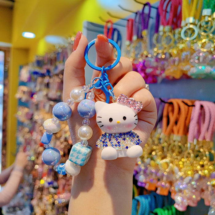 Wholesale Czech Rhinestone Cartoon Cat Keychain Cute Ladies Beaded Bag Charm Phone Pendant Car Key Accessory