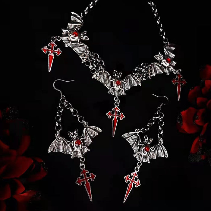 Wholesale Gothic Bat Earrings and Cross Pendant Necklace Set Red Drop Design Alloy Jewelry