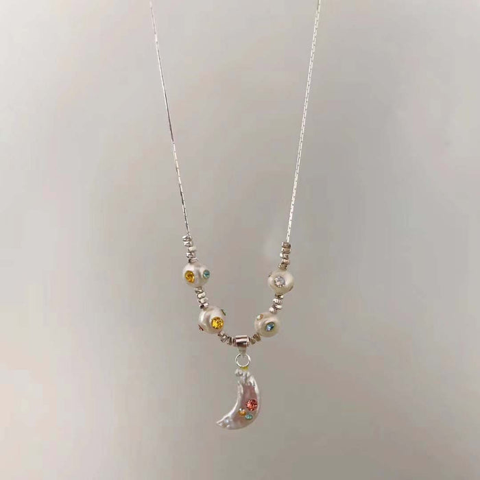 Wholesale Baroque pearl crescent silver necklace summer color zircon moon clavicle necklace