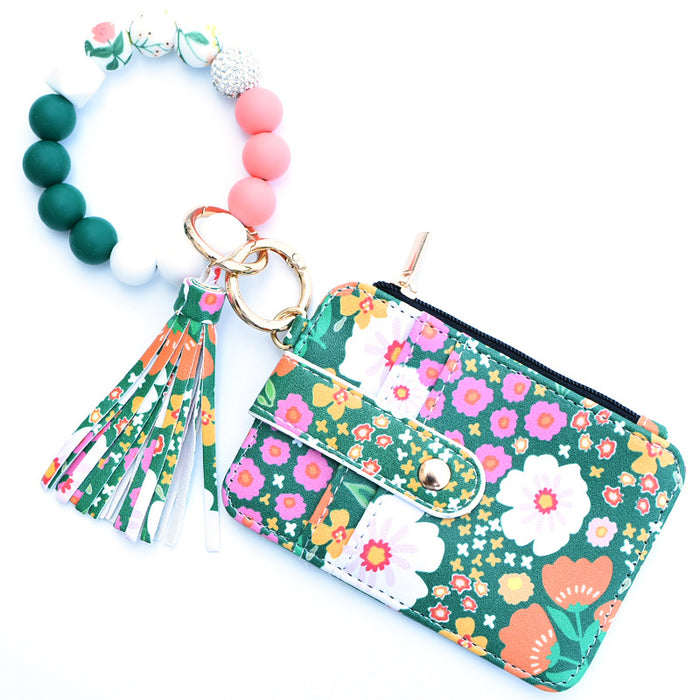 Wholesale PU Women's Leather Coin Purse Card Holder Silicone Wrist Daisy Floral DIY Beaded Women's Keychain