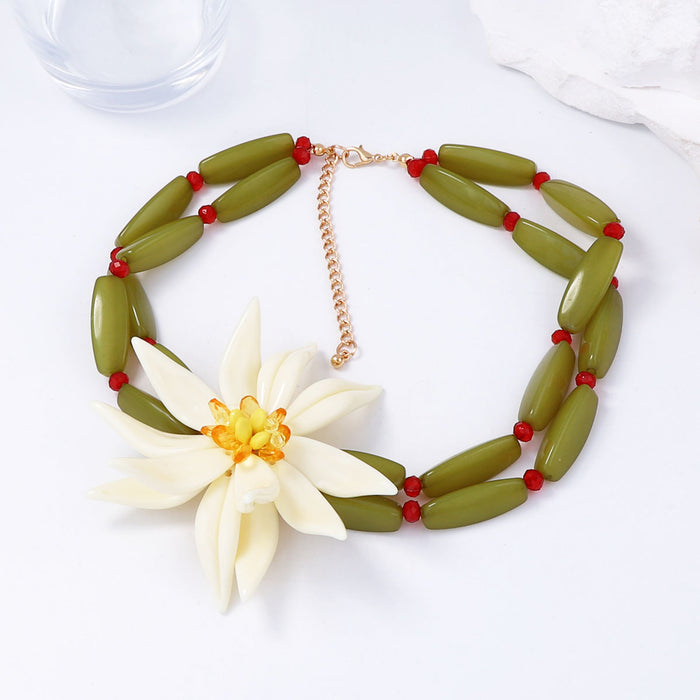 Wholesale White Large Flower Double-Layer Bamboo Necklace with Stylish