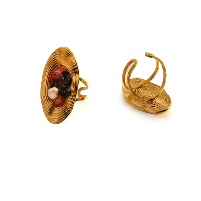 Wholesale Vintage exquisite high-end stainless steel oval earrings set with natural stone earrings and ring set