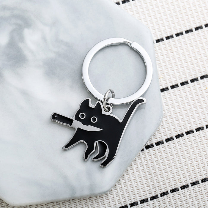 Wholesale Black Cat Holding Knife Stainless Steel Keychain JDC-KC-JinZ004