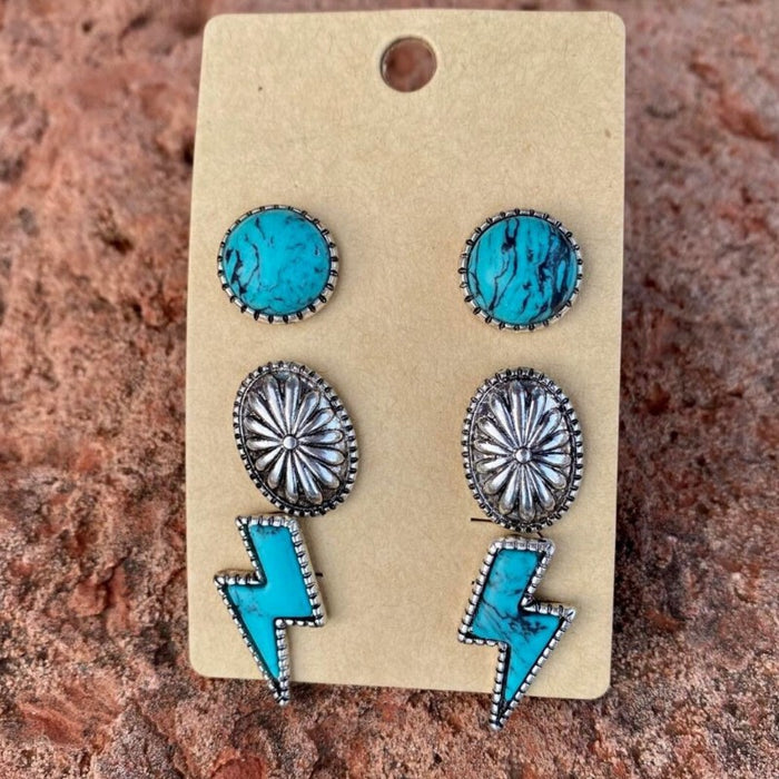 Wholesale Turquoise earrings lightning turquoise alloy earrings three piece set