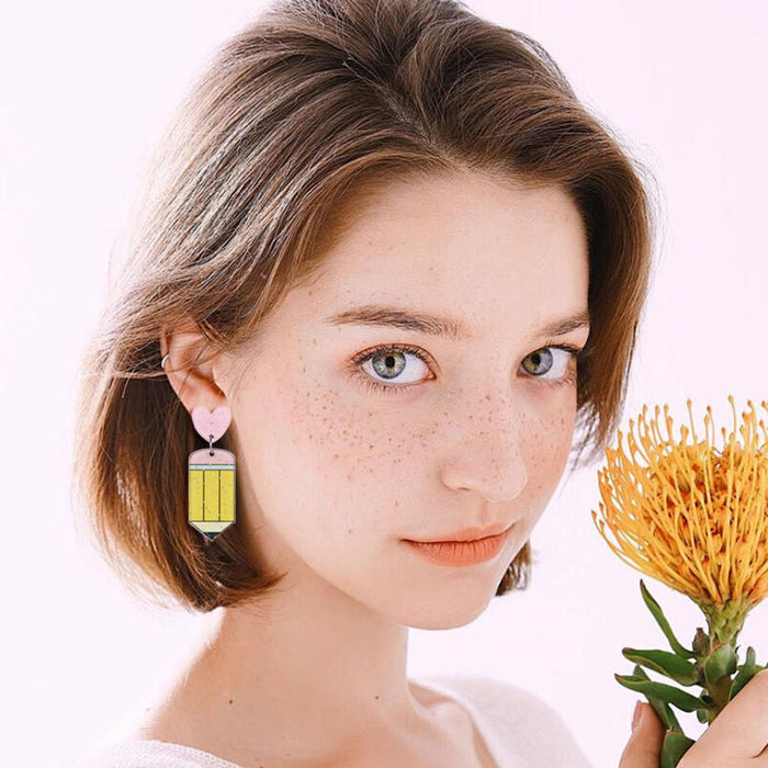 Wholesale Teacher' s Day Pencils,  Apples,  Books,  Cartoon Contrasting Letters Earrings,  Small Fresh Stylish