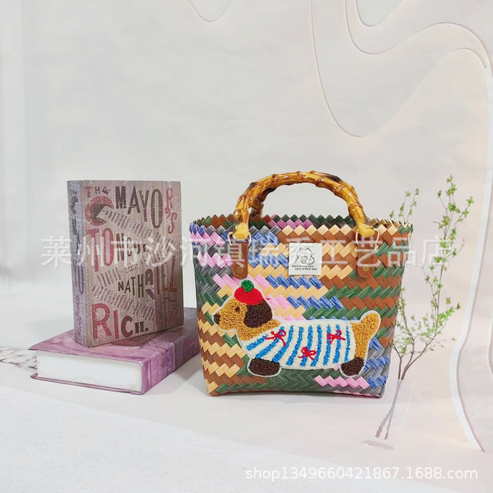 Wholesale Woven Basket Bag Shoulder Hand Bag Cute Rattan Cloth Cartoon Woven Bag