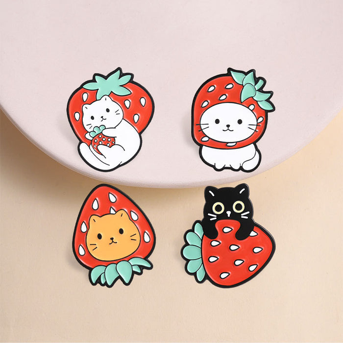Wholesale Cute Cat Strawberry Fruit Metal Brooch Pin For Girls Holiday Gift