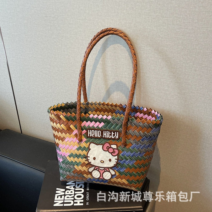 Wholesale Cat Handbag Woven Accompanying Gift Girl' s Large Capacity Vegetable Basket Handmade Woven Bag Women' s Fashion Beach Bag