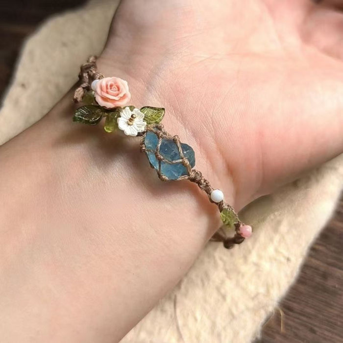 Wholesale Handmade Natural Aquamarine Bracelet with Rope Wrapping Flower Charm Jewelry