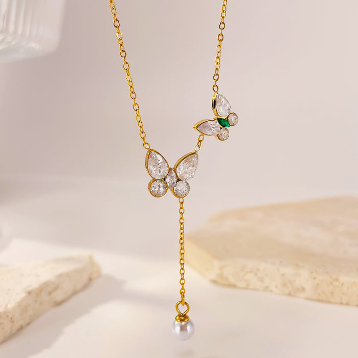 Wholesale Stainless steel necklace, fashionable and versatile for commuting, butterfly pearl, titanium steel lock chain