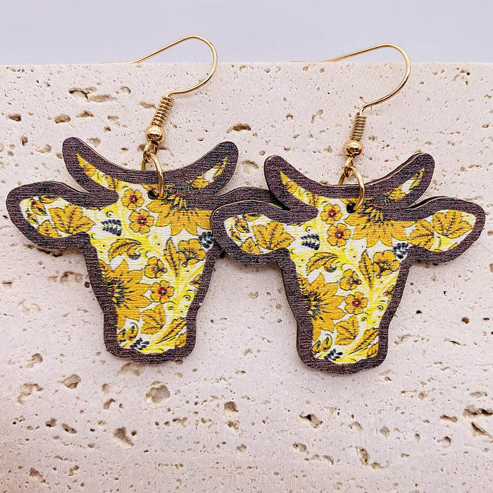 Wholesale Western Bull Head Sunflower Wooden Earrings JDC-ES-Chengy033