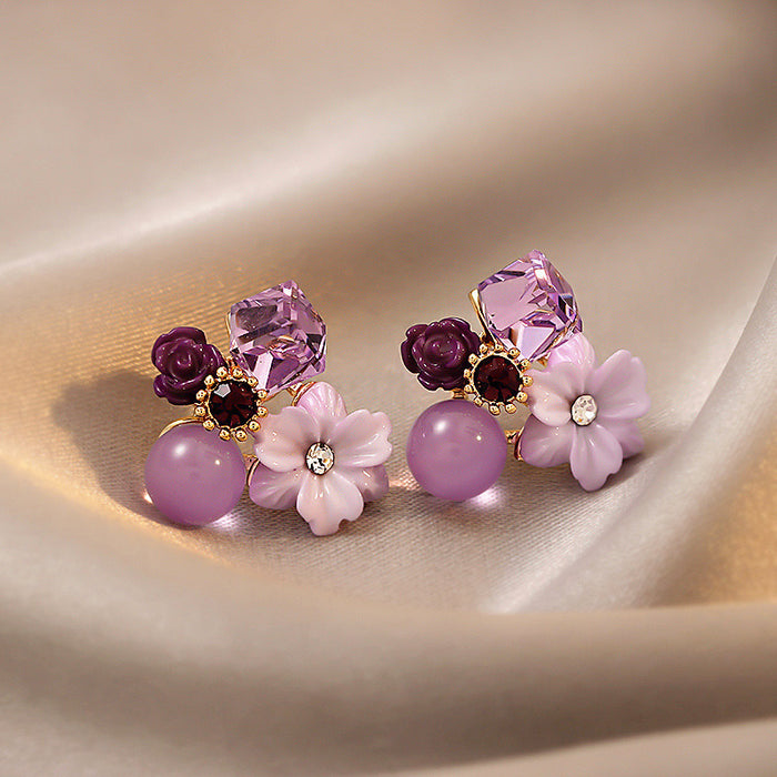 Wholesale Stylish Purple Crystal Flower Earrings Alloy Electroplated