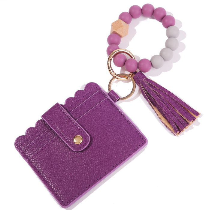 Wholesale Silicone Beads Bracelet Card Holder Leopard Print PU Leather Tassel Pendant Keychain JDC-KC-JinY010