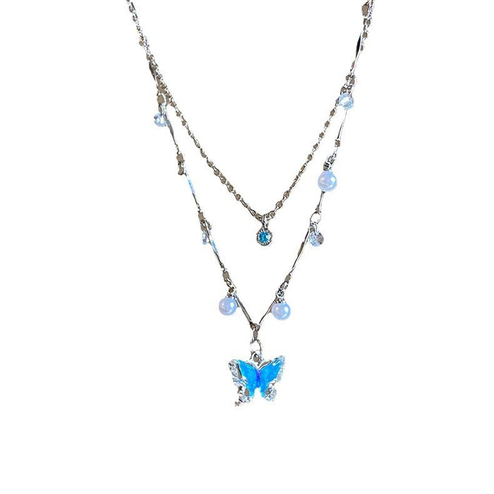 Wholesale Summer sea blue pearl butterfly necklace dress accessories double-layer collarbone chain