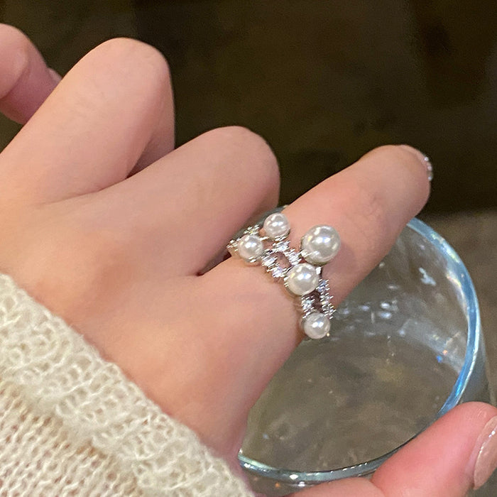 Wholesale Meteor Pearl Zircon Open Ring Temperament Index Finger Ring Niche Design Light Luxury Ring