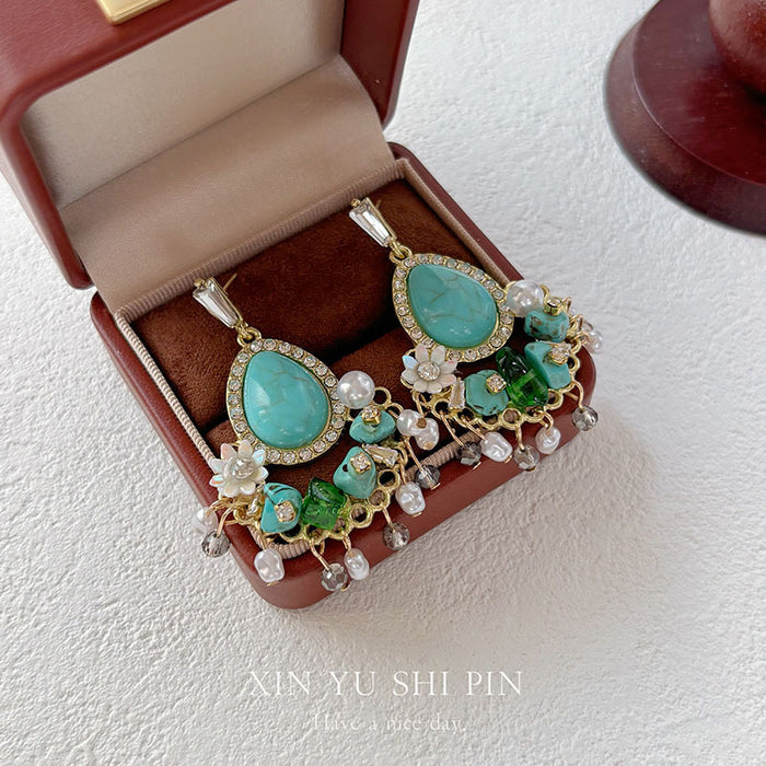 Wholesale Retro imitation turquoise tassel earrings with niche design earrings and earrings