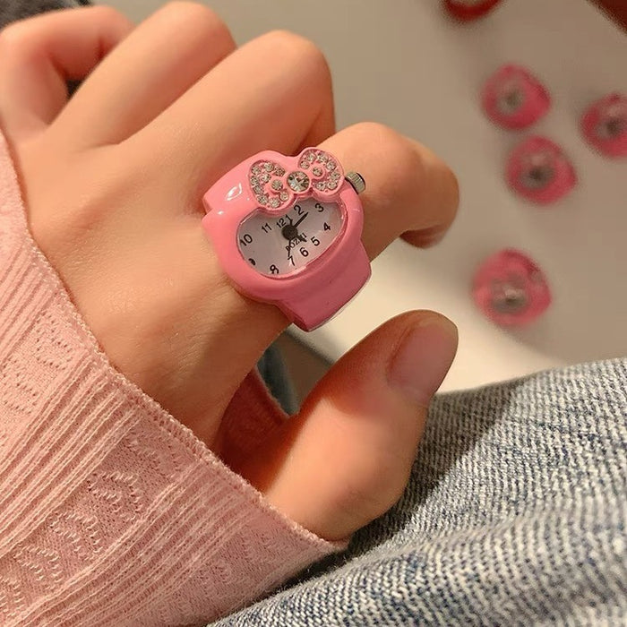 Wholesale Cute bow, rhinestone, clock, watch, ring, women's niche design, fashionable and versatile ring, watch