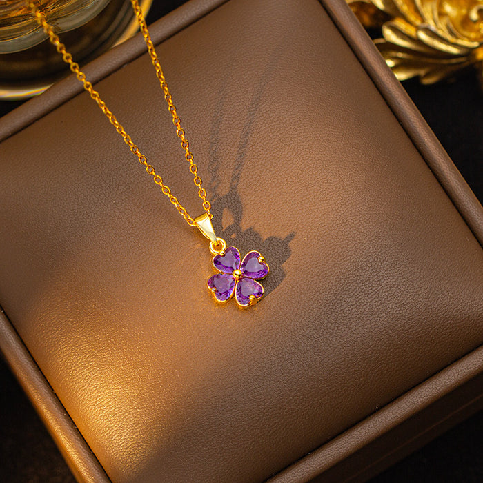 Wholesale Copper-set zircon four-leaf clover colored Titanium steel pendant necklace and earring set