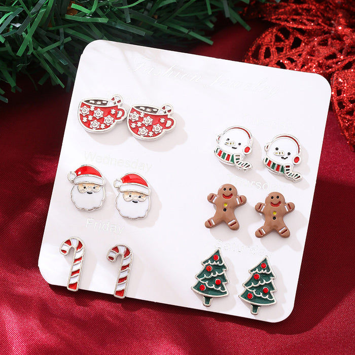 Wholesale Christmas Earrings Combination New Cartoon Holiday Alloy Oil Dropping Elk Bell Earrings suit