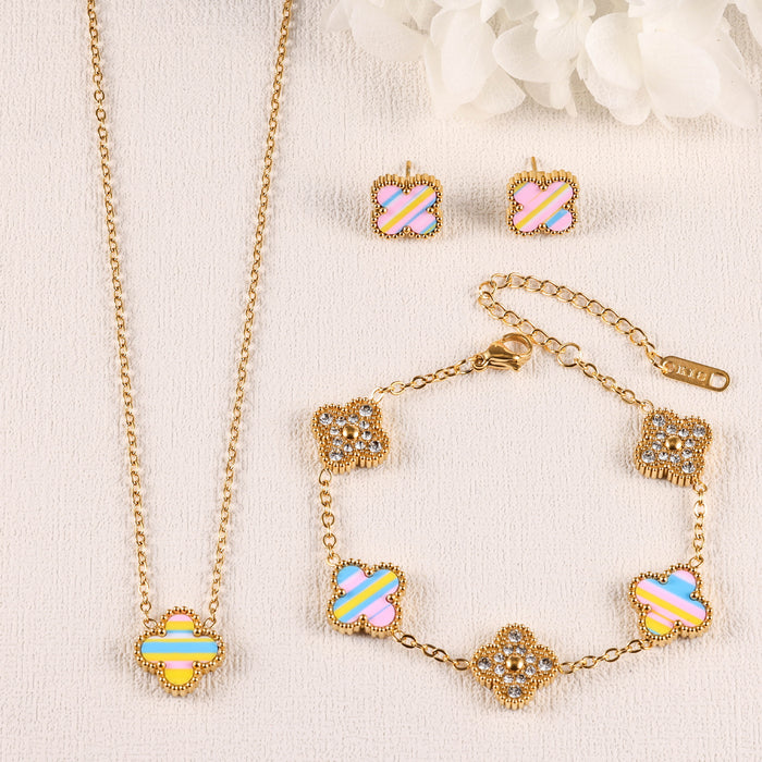 Wholesale Stainless Steel Four-Leaf Clover Three-Piece Gold-Plated Jewelry Set