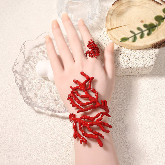 Wholesale Irregular Red Coral Alloy Bracelet Ring Fashion Creative