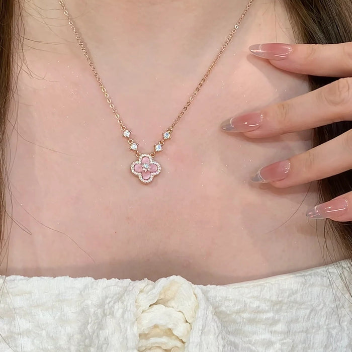 Wholesale Pink four-leaf clover necklace,  earrings,  and bracelet