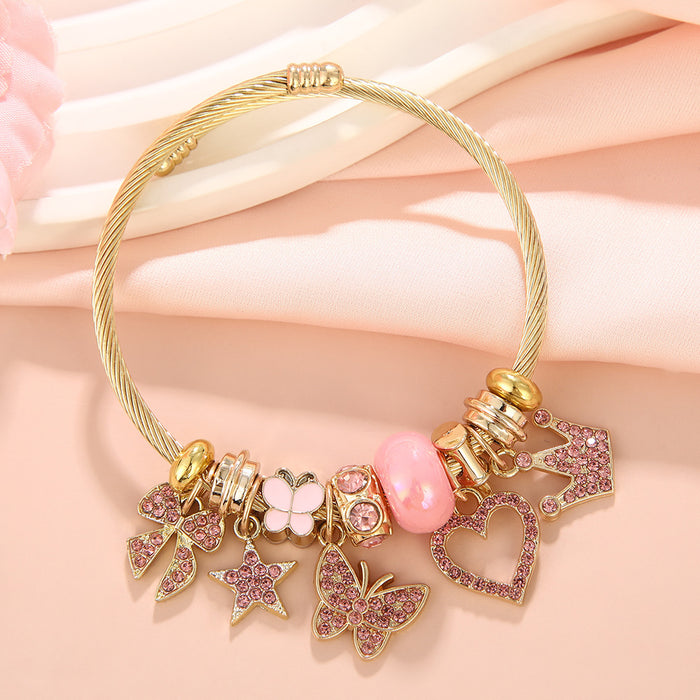 Wholesale Diamond-encrusted butterfly and heart beaded stainless steel bracelet