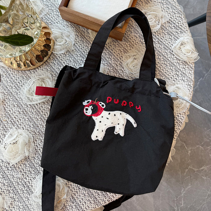 Wholesale New single shoulder canvas bag, cute cartoon embroidered crossbody bag, casual large capacity drawstring tote bag