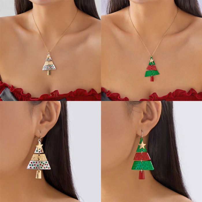 Wholesale Christmas jewelry creative splicing Christmas tree pendant necklace personalized holiday earrings necklace set