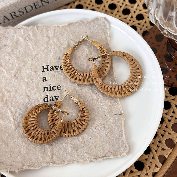 Wholesale Handmade woven wicker ring earrings for women, perfect for beach photography and paired with vintage and fashionable earrings