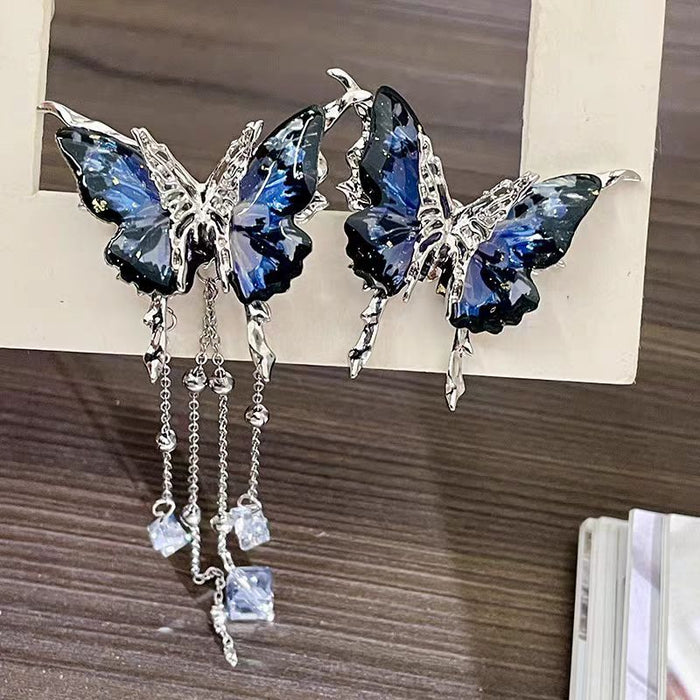 Wholesale Light luxury temperament, blue starry sky shining butterfly earrings, retro high-end feeling, crystal tassel asymmetrical exaggerated earrings