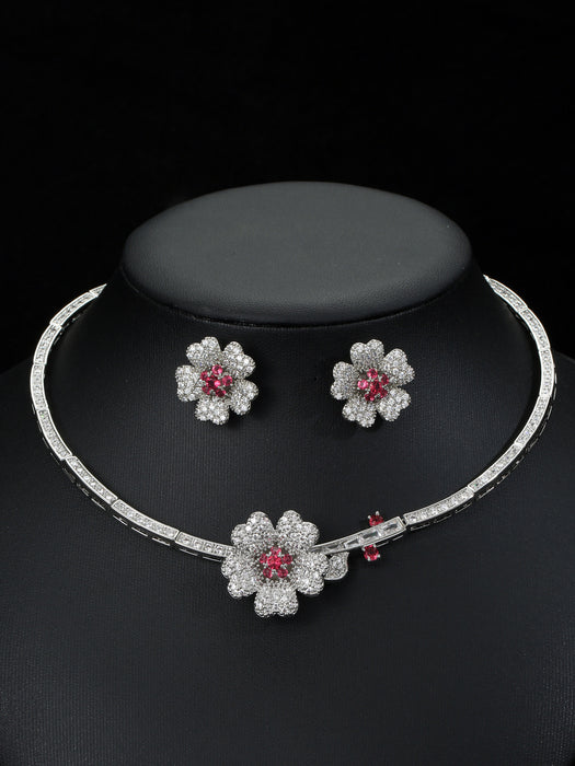 Wholesale Fashion Simple Camellia Zircon Jewelry suit Earrings Necklace suit Accessories