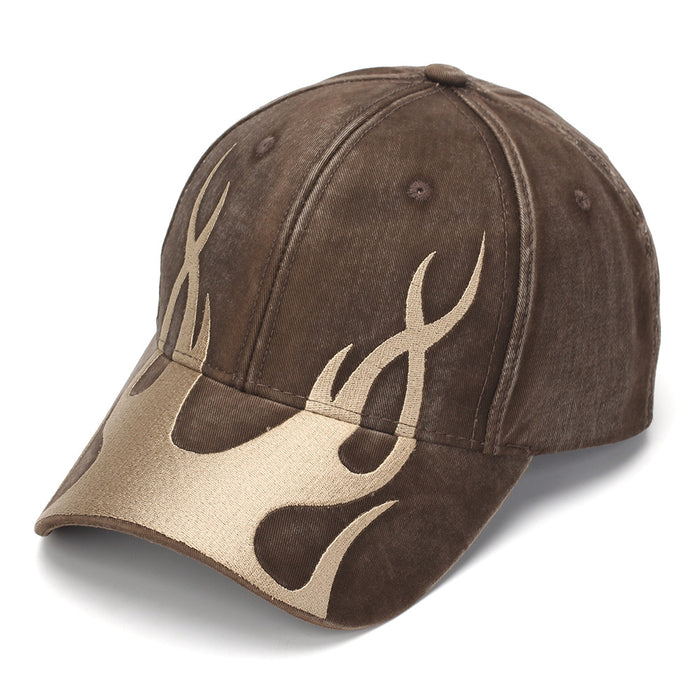 Wholesale Flame Embroidery Washed Baseball Cap Vintage Street Style Curved Brim Hats Unisex